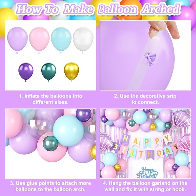 Mermaid Birthday Decorations Supplies, Purple Pink Teal Blue Balloons Happy Birthday Banner Cake Topper Shells Foil Balloon Pink Fringe Curtain for Women Girls Kids Party Decorations