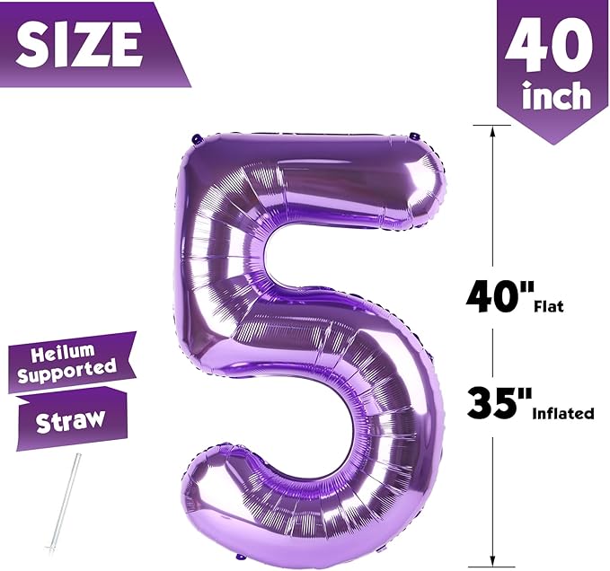 40 Inch Purple Number 5 Balloon, Giant 5 Number Balloons for 5th Birthday Decorations, Party Supplies for Baby Boy Girl, Purple Party Decor