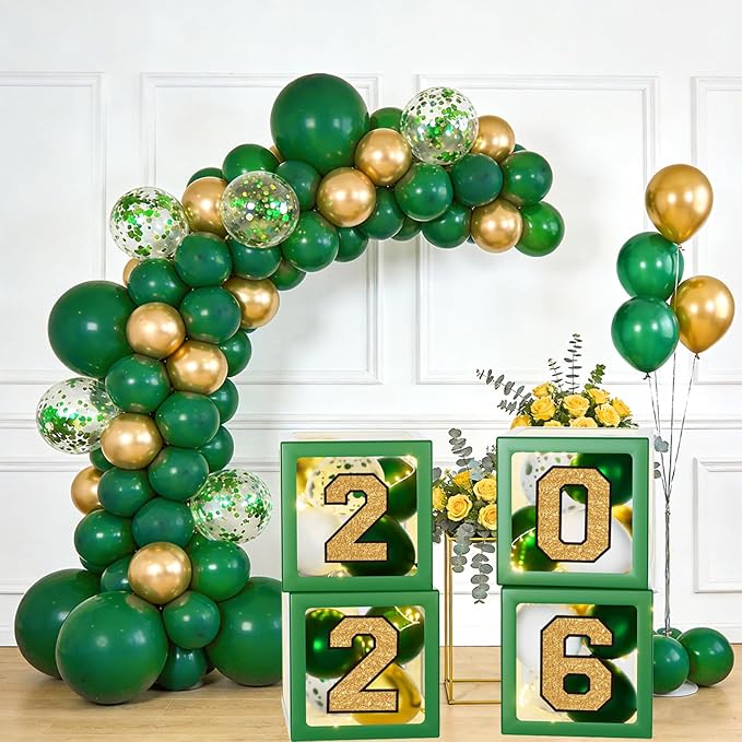 Graduation Decorations 2026 - Green and Gold Graduation Decorations - Set of 4 Balloons Boxes with Letters 2026 GRAD So Proud of You, Congrats Grad Party Decorations for Any Grades