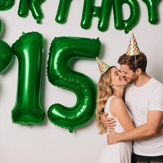 40 Inch Green Number 15 Digital Balloon,Jumbo Mylar Foil Helium Balloon for 15 Balloons for Birthday Party,Wedding Anniversary Party Decorations