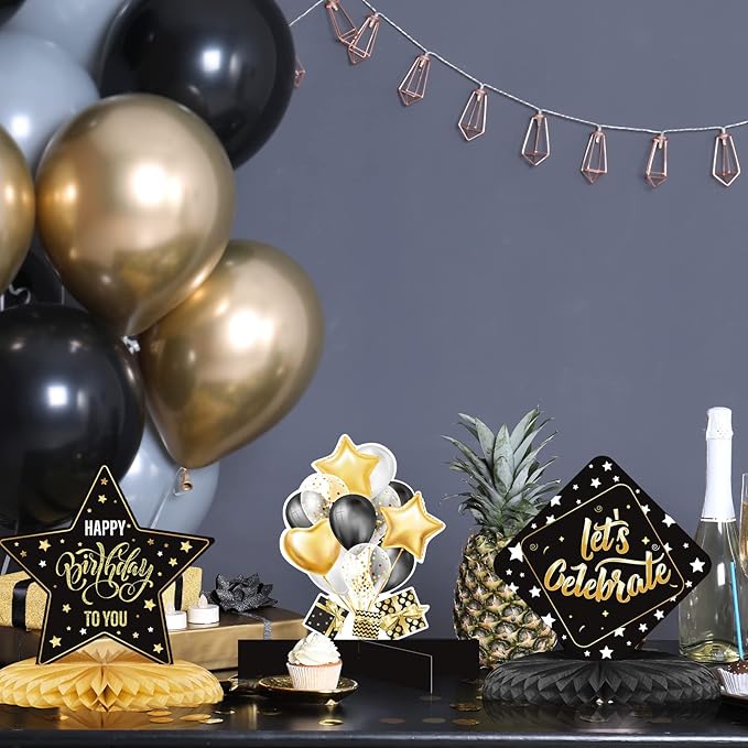 Clabby 12 Pcs Gold Black Birthday Decorations Gold Happy Birthday Table Centerpieces Honeycomb Cute Table Top for Women Men Best Wishes Anniversary Party Supplies 21st 30th 40th 50th 60th 70th