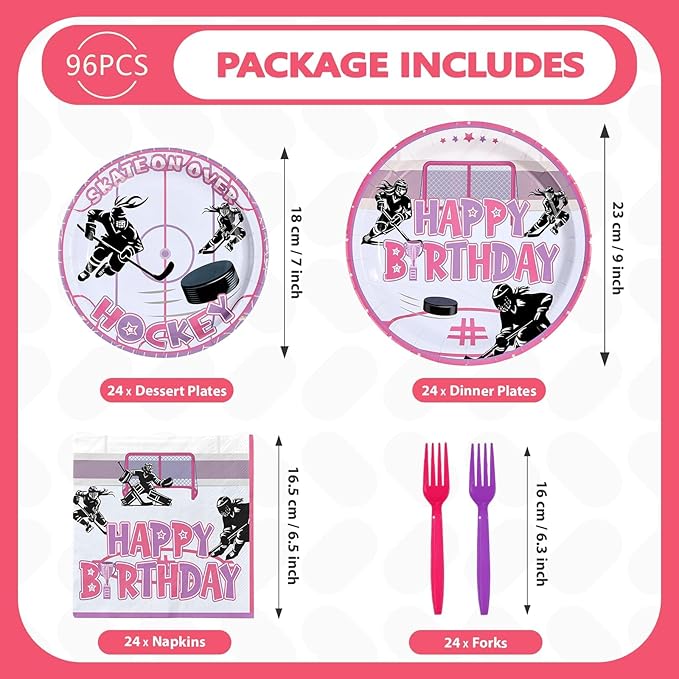 96Pcs Pink Hockey Birthday Party Supplies Hockey Girl Birthday Party Plates and Napkins Tableware Set for Girls Kid's Fans Gameday Sports Themed Party Decorations Serves 24