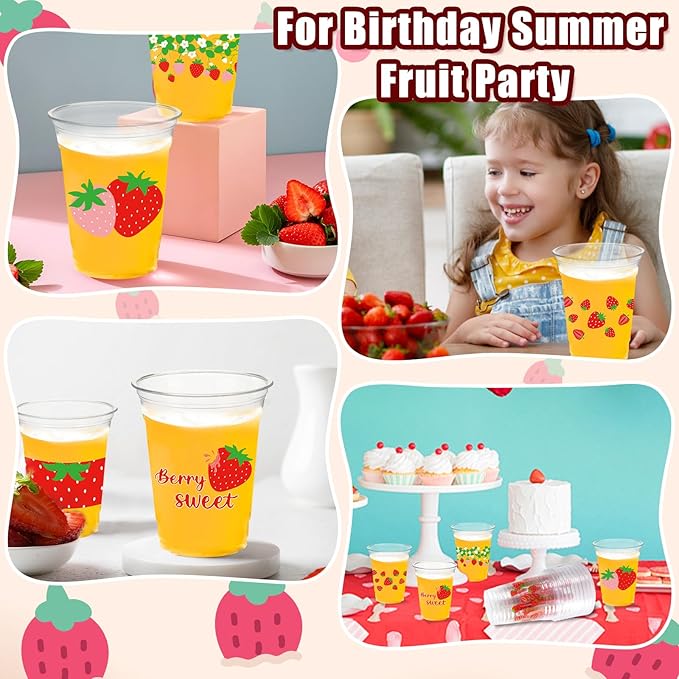 50Pcs Strawberry Party Decoration Cups, 12 OZ Disposable Plastic Strawberry Cups for Berry First Birthday Party Decor Supplies