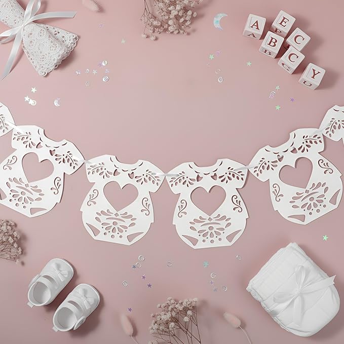 2 Pack Cielito Lindo Papel Picado Baby Shower Banner Decoration, Mexican 24 Pcs Bodysuit Card with Hanging String Fiesta Garland for Gender Baby Shower Party Supplies(Sweet Color)