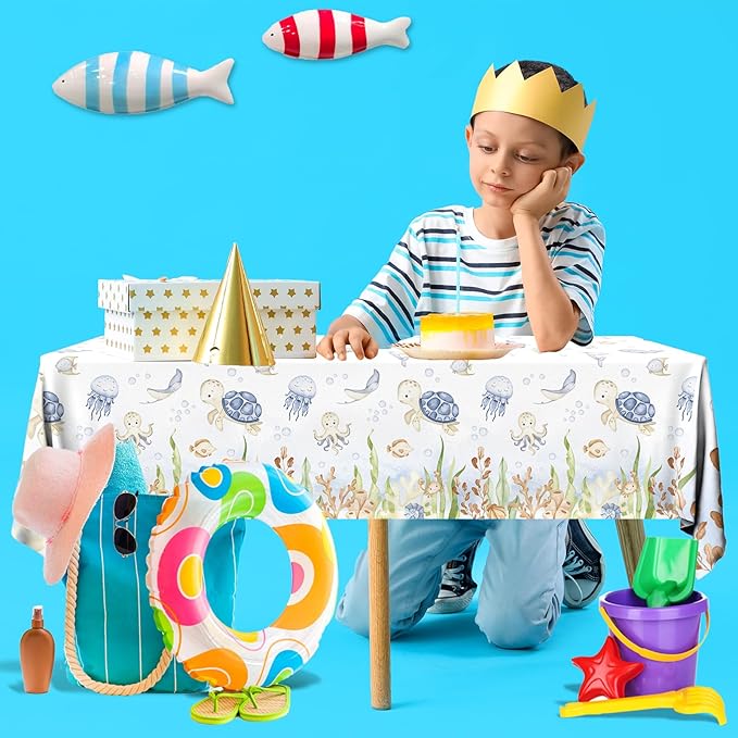 GREHUMOR 3Pcs Ocean Tablecloth Decoration Under The Sea Theme Party Supplies Sea Turtles Disposable Plastic Table Covers Underwater Sea Life Table Cloth for Ocean Baby Shower Birthday