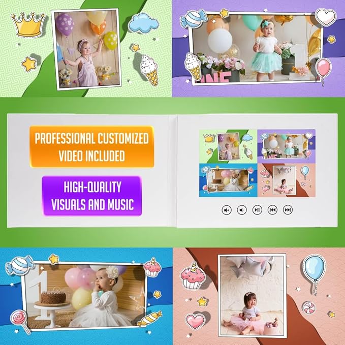 Personalized Baby Birthday Video Greeting Card – Custom Photo Animation Gift – Sweet Keepsake for Little Ones – 7” LCD Screen, 256MB Storage, Rechargeable Battery, Full-Color Playback