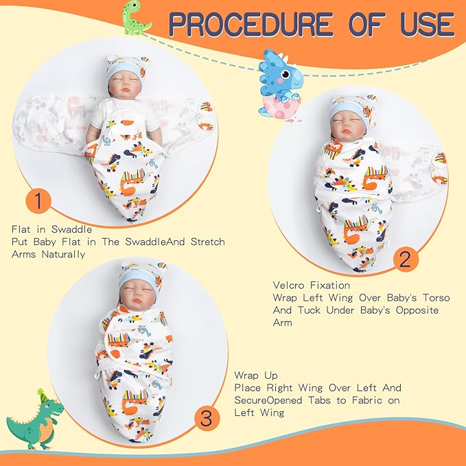 Reborn Baby Doll Clothes Swaddle Blanket Hat (Dinosaur Pattern) for 17-22 inch Reborn Boy Baby Doll Clothing Adjustable Receiving Blankets Gift