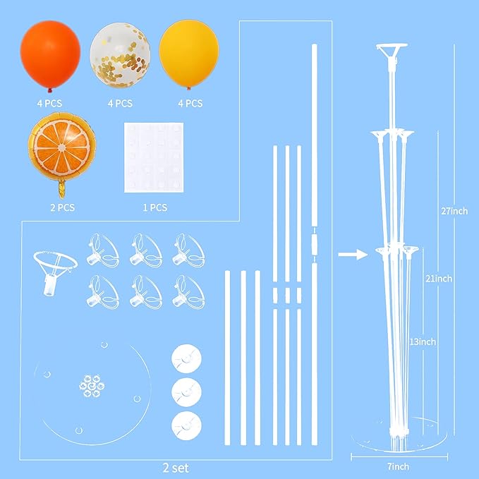 Little Cutie Balloon Stand for Table Centerpiece 2 Sets, 2 Huge Orange Fruit and 14 Orange Yellow Gold Confetti Balloons for Tangerine Theme Birthday Party Baby Shower Decorations