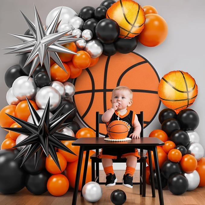 Basketball Balloon Garland Arch Kit, 97Pcs 18 10 5 inch Black Orange Basketball Balloons with 18inch Foil Balloons for Sports Theme Basketballs Party Boys Birthday Decorations