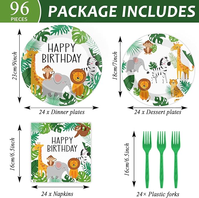 96PCS Jungle Birthday Party Plates and Napkins Safari Animals Birthday Party Decorations for 24 Guests Jungle Theme Birthday Party Tableware Set Serves Wild Animals Gold Safari Zoo Birthday Supplies