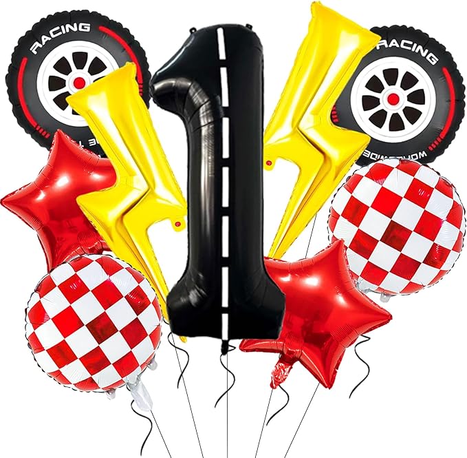 Cartoon Race Car Birthday Party Decorations Lightning Bolt Foil Balloons Race Car Balloons 40 Inch Racetrack Number 1 Balloon for 1st Cars Themed Party Decor Supplies