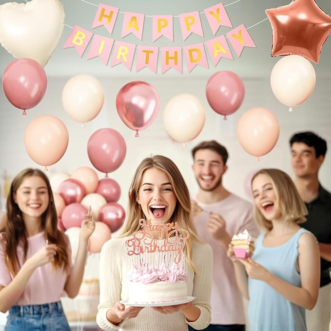 Dusty Pink Birthday Decorations,Rose Gold Sand Boho Balloons Decor Happy Birthday Banner Cake Topper Star Heart Foil Balloon for Women Girl Baby Shower