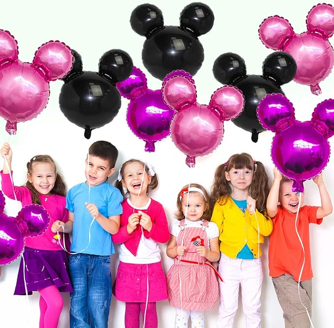 9Pcs Pink Mouse Party Foil Balloons, 27” Black, Rose Red, Pink Balloons, Cartoon Mouse Party, Baby Party, Girl Party, Kids Birthday Theme Party Decoration Supplies