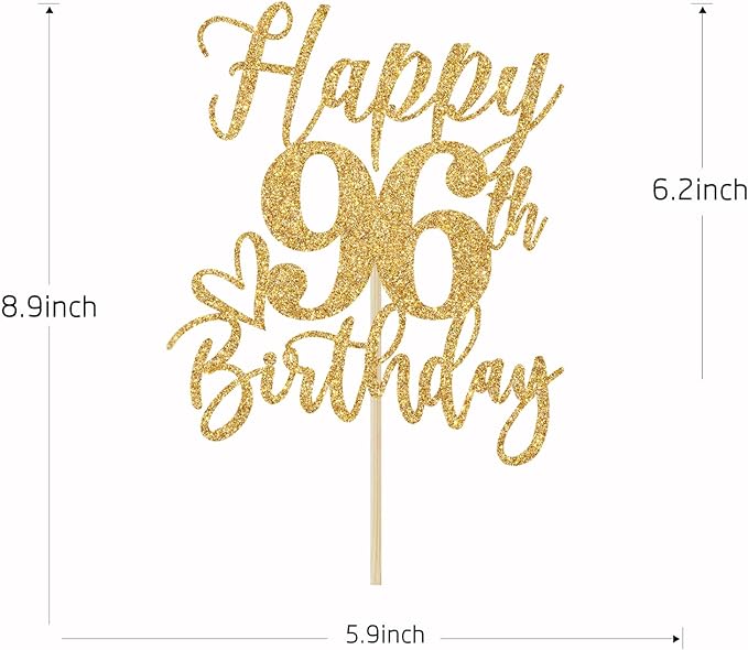 Happy 96th Birthday Cake Topper, 96th Birthday Decorations for Men/Women, Cheers to 96 Years, 96 Fabulous, 96th Happy Birthday Party Supplies Gold Glitter
