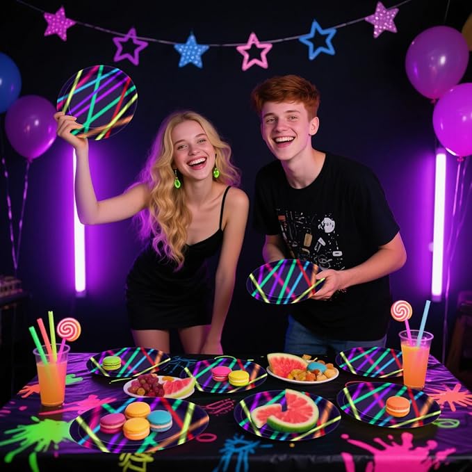 Neon Paper Plates - Glow in the Dark Party Supplies Include 7'' 9'' Printed with Light Beam Plates for Let's Glow Party Decorations, Serves 20