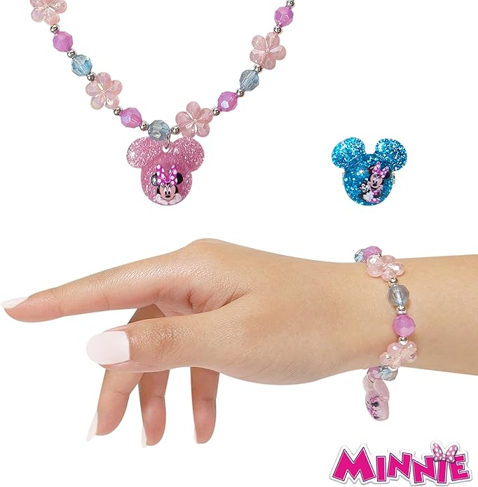 LUV HER Disney Minnie Girls Jewelry Set - Dress up Toy Jewelry Box Sets with Bead Necklace, Bead Bracelet and Ring - Play Accessories - Ages 3+