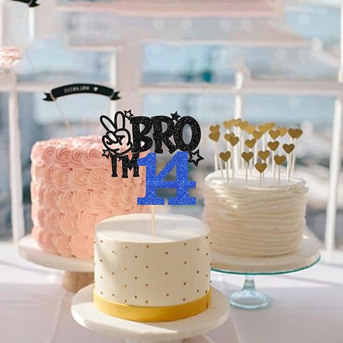 1 PCS Brother I'm 14 Cake Topper Glitter Star Happy 14th Birthday Cake Pick Bro I'm 14 Cake Decoration It's My 14th Birthday Decorations for Boys Cheers to 14 Years Old Birthday Party Supplies Blue