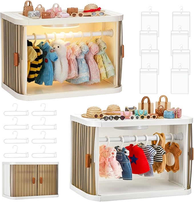 Foldable Doll Closet Wardrobe Storage Box Set with Night Light Doll Accessories Display Box with 8 Hangers and Rod Stackable Organizer Cabinet for 15/17cm Clothes with Dust Cover Display Rack Hook