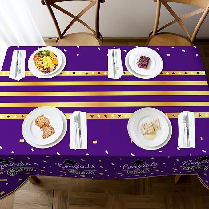 Childom 3 Pack Graduation Tablecloth,Graduation Decorations Class of 2026 Graduation Party Decorations,54"x108" Purple and Gold Plastic Table Cloth Disposable Rectangle for Home,School,Party Supplies