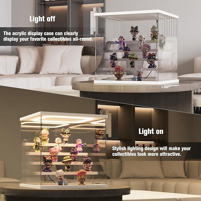 Nynelly Acrylic Lighted Display Case for Collectibles, 5 Tier Figure Display Box with Door and Steps, Assemble Dustproof LED Showcase Storage Box for Mini Figures, Funko Pop, Toys, White