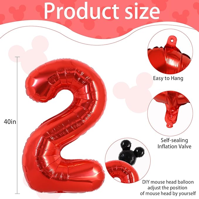 Vuzvuv 40 Inch Mouse Number Balloon No.2, Black Mouse Head Balloon and Red Giant Giant Number Two Balloon for Birthday, Mouse Theme Party Supplies, Baby Shower,Anniversary Decoration