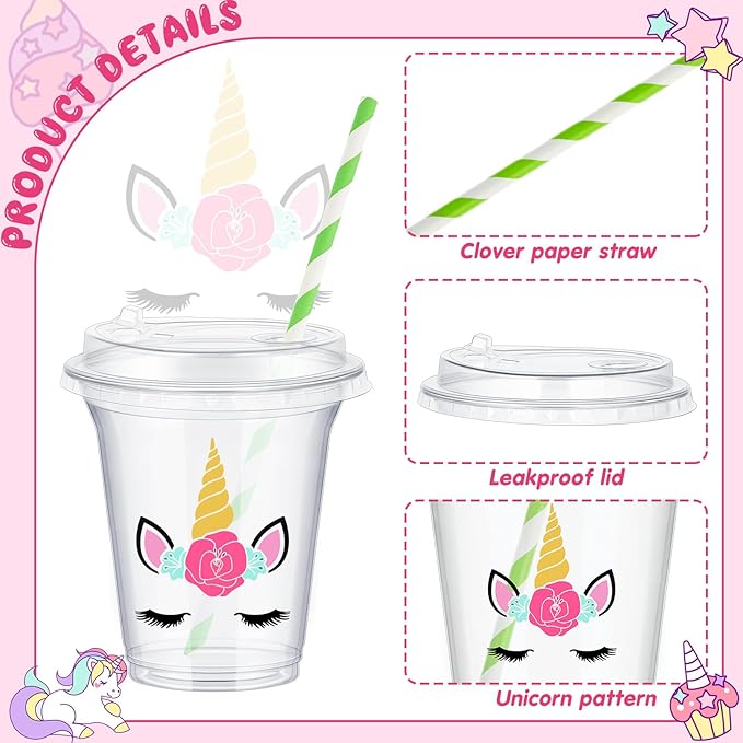 Boao 36 Sets Unicorn Party Cups with Lids and Paper Straws 14 oz Unicorn Birthday Party Supplies Favors Disposable Clear Plastic Cups Bulk