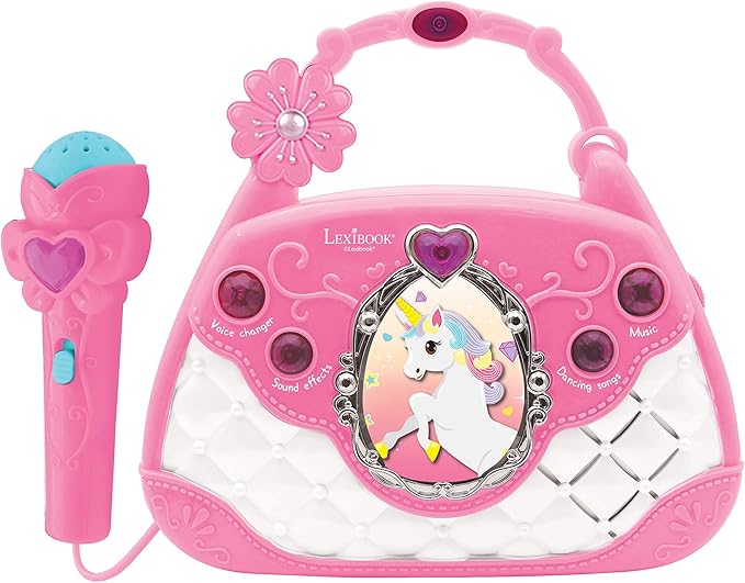 Lexibook Unicorn, Karaoke Bag with Microphone, Voice Changer, Demo Songs, Light Effects, mic Included, aux-in Input, Pink/Blue, K102UNI