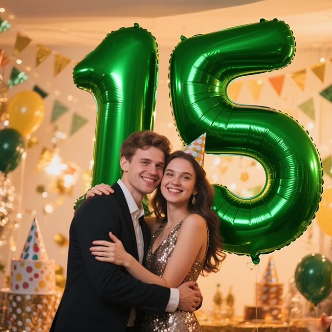 40 Inch Green Number 15 Digital Balloon,Jumbo Mylar Foil Helium Balloon for 15 Balloons for Birthday Party,Wedding Anniversary Party Decorations