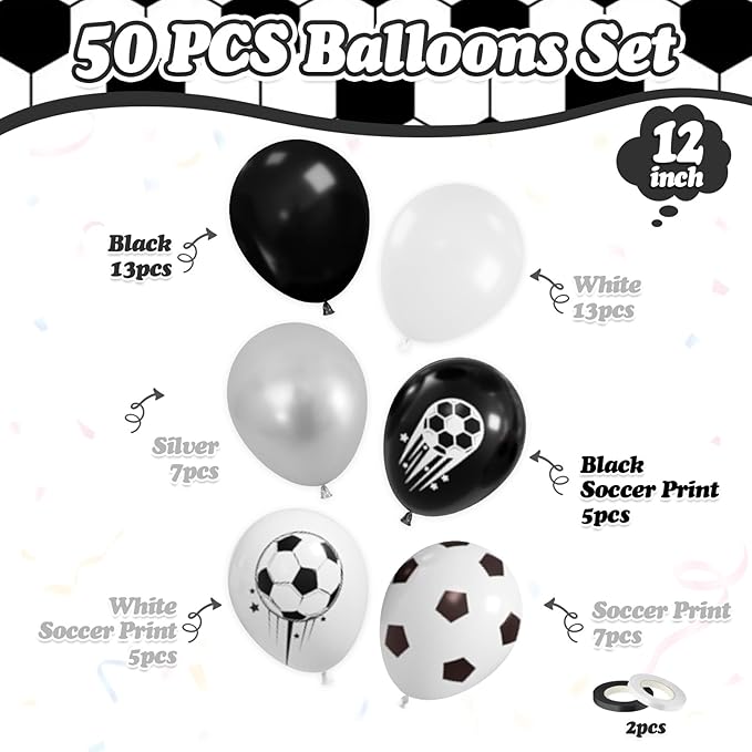 FunHot Soccer Balloons, 50 Pcs Soccer Party Balloon, 12 Inch Black White Silver Football Printed Helium Latex Balloons for Boy Baby Shower Men Birthday Football Sport Themed Game Club Party Decor