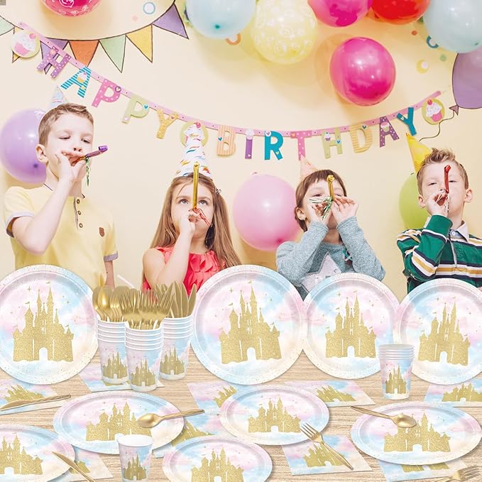 168pcs Princess Party Decorations Castle Paper Plates Napkins Disposable Tableware Set Paper Cups Watercolor Pastel Rainbow Princess Castle Birthday Party Supplies Serves 24