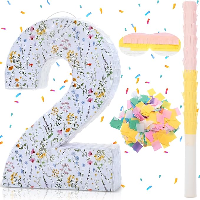 Wildflower Number Pinata Birthday Decorations Spring Floral Pinata with Stick Blindfold Confetti for Birthday Party Supplies Baby Shower Decor(Number 2)