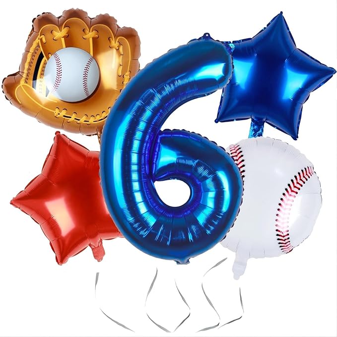 Baseball Balloons 6th Birthday Decorations for Boys | Baseball Birthday Decoration Sports Theme Party Supplies, 32Inch Foil Mylar Number 6 Balloon Navy Blue Red White Sports Balloon Arch Kits