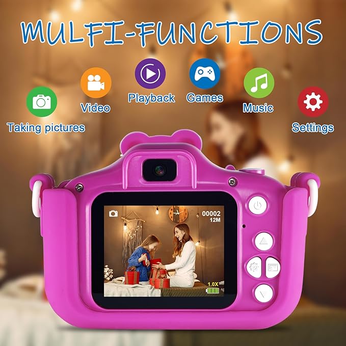 Kids Camera Toys,Kid Digital Camera for 6-12 Year Old Girls Boys,Selfie Kid Camera with Cartoon Soft Silicone Cover,HD Digital Video Camera for Kids - 32G SD Card Included (Pink)