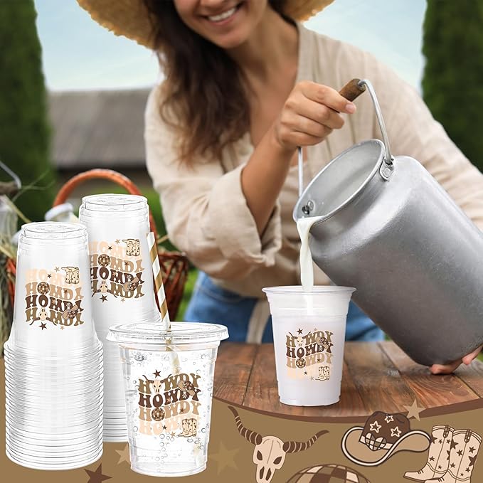 Yungyan 50 Sets Western Cowboy Plastic Cups with Lids and Straws 16 oz Howdy Brown Cowboy Cowgirl Coffee Juice Drinking Cups for Western Party Decoration Wedding Birthday Bachelorette Party Supplies