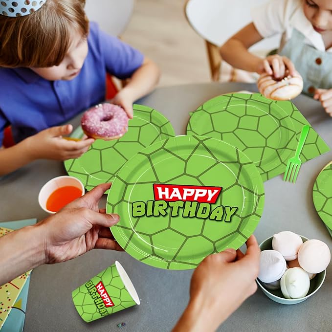 192pcs Turtle Birthday Party Supplies Turtle Plates Napkins Disposable Paper Cups Straws Cartoon Theme Party Decorations Tableware Set for Boys Kids Birthday Serves 24