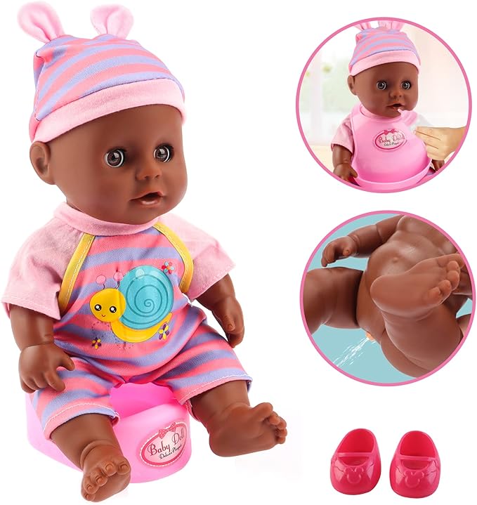 deAO Black Baby Doll Set - Mobile, High Chair, Stroller & Feeding Accessories - 21 Piece Play Set (Doll Included)
