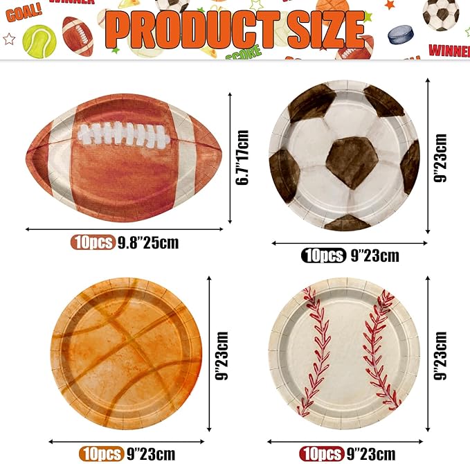 Sports Birthday Party Decorations 40Pcs Sports Party Plates Football Soccer Basketball Baseball Paper Plates for Sports Theme Party Supplies