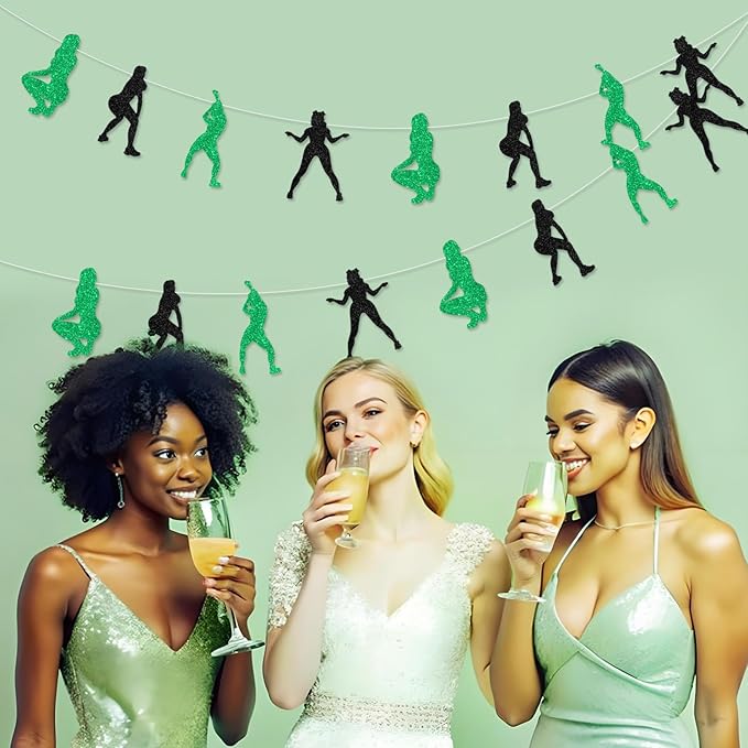 Cheereveal 2 Pack Twerk Garlands Green and Black for Girls Woman, Pole Dance Glitter Banner Decorations, Funny Stripper Theme Bachelorette Birthday Bridal Shower Engagement Party Supplies
