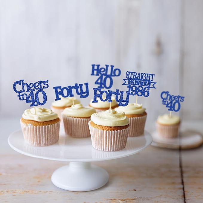 Ephlyn 24Pcs Happy 40th Birthday Cupcake Toppers Glitter Forty Straight Outta 1986 Cupcake Picks Hello 40 Cheers to 40 Years Birthday Cake Decorations for 40th Birthday Anniversary Party Supplies Blue