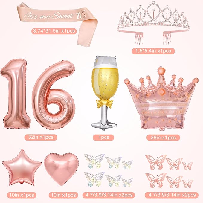 Amandir Sweet 16 Party Decorations, 16th Birthday Decorations for Girls Rose Gold Pink Foil Number Balloons Table Cloth Crown Sash Fringe Curtains Happy Birthday Banner Butterfly Party Supplies