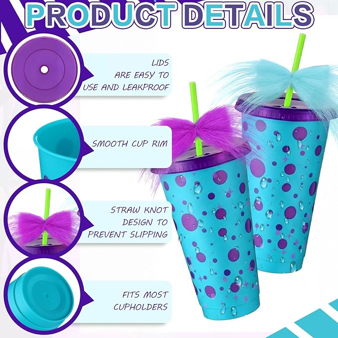 12 Sets Monster Party Supplies 24 oz Reusable Monster Themed Party Plastic Cups and Fur Plush Purple Blue Bows Bulk Cartoon Themed Drinking Cups for Girl Boy Birthday Baby Shower Decorations