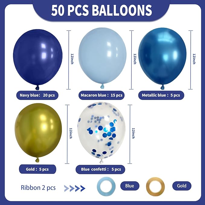Navy Blue Gold Party Balloons, 50 Pcs 12 inch Blue Gold Balloons Metallic Blue Balloons For Graduation Wedding Bridal Showe Party Decoration