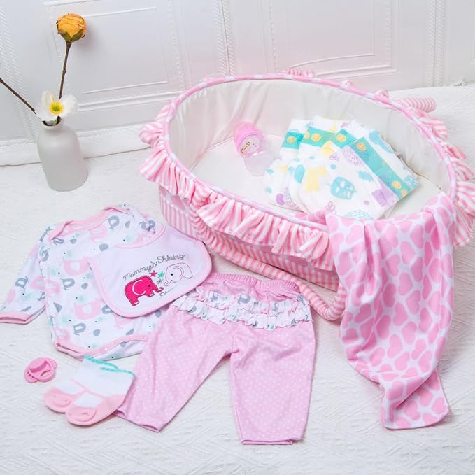 PEDOLLTREE 12 Pcs Reborn Baby Dolls Clothes Girl Pink Elephant Outfit Accessories for 17-22 Inch Reborn Doll Newborn Girl with Pink Heart Bassinet