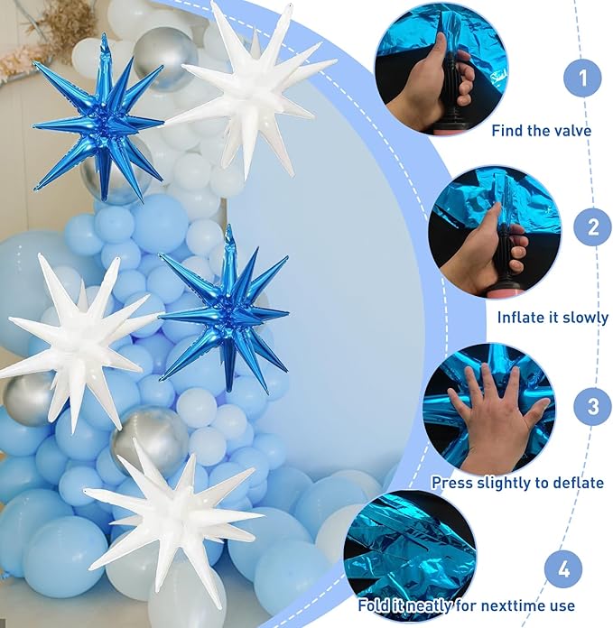 6 Pcs White Blue Star Foil Balloons One-Piece 14-Pointed Star Balloon 4D Starburst Cone Mylar Balloon 22inch Christmas Birthday Wedding Wedding Anniversary Party Supplies (White + Blue)