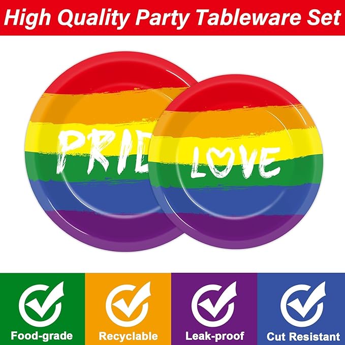 ZOIIWA 96PCS Pride Party Decorations Tableware Set Rainbow Party Supplies for 24 Guests Disposable LGBT Dinnerware Plates Napkins Forks for Rainbow Gay Pride Theme Favors