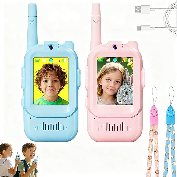 Video Walkie Talkies for Kids, Handheld Kids Walkies Talkies 2 Pack Rechargeable Video Intercom, Indoor Outdoor Toys for Family Games, Birthday for Boys Girls Aged 3-12,Blue&Pink