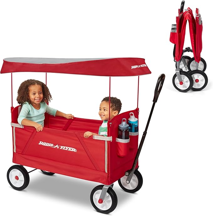 Radio Flyer 3-in-1 Off-Road EZ Fold Wagon with Canopy, for Kids 1.5+, 3-in-1 Push or Pull, with Bench Mode, One Hand Flat Fold, Off-Road Tires, DuraClean Fabric, Seat Belts, Stroller Wagon for Kids