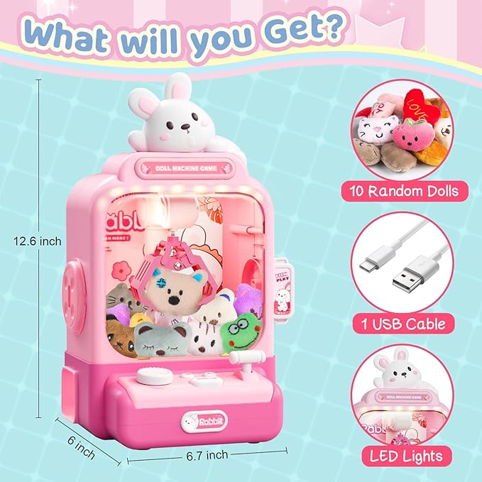 Claw Machine for Kids, Bunny Toy Glowing Arcade Game with LED Lights & Sound, Mini Rabbit Vending Machines Candy Grabber Prize Dispenser with Mini Plush Dolls, Home Party Easter Birthday Gifts