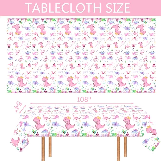 Letromp 2 Pieces Pink Dinosaur Birthday Tablecloths 54 x 108 Inch Watercolor Dinosaur Table Covers for Dino Theme Girls Baby Shower 1st 2nd 3rd 4th Birthday Party Supplies Table Decorations Favors