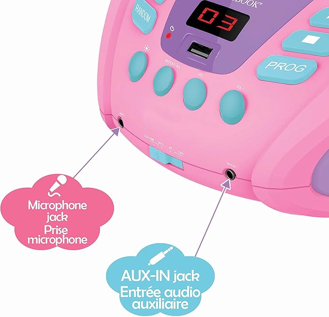 Lexibook Unicorn - Bluetooth CD Player for Kids – Portable, Multicoloured Light Effects, Microphone Jack, Aux-in Jack, AC or Battery-Operated, Girls, Boys, Pink, RCD109UNI